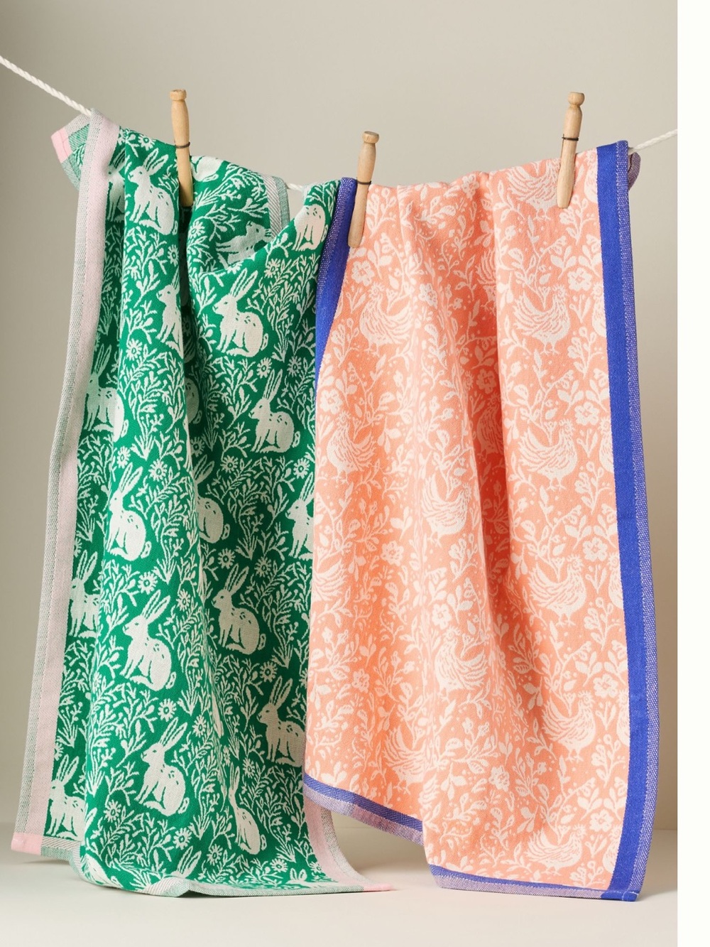 Anthropologie Jacquard Dish Towels New Set of 2 Bunny Farm Chicken Rooster